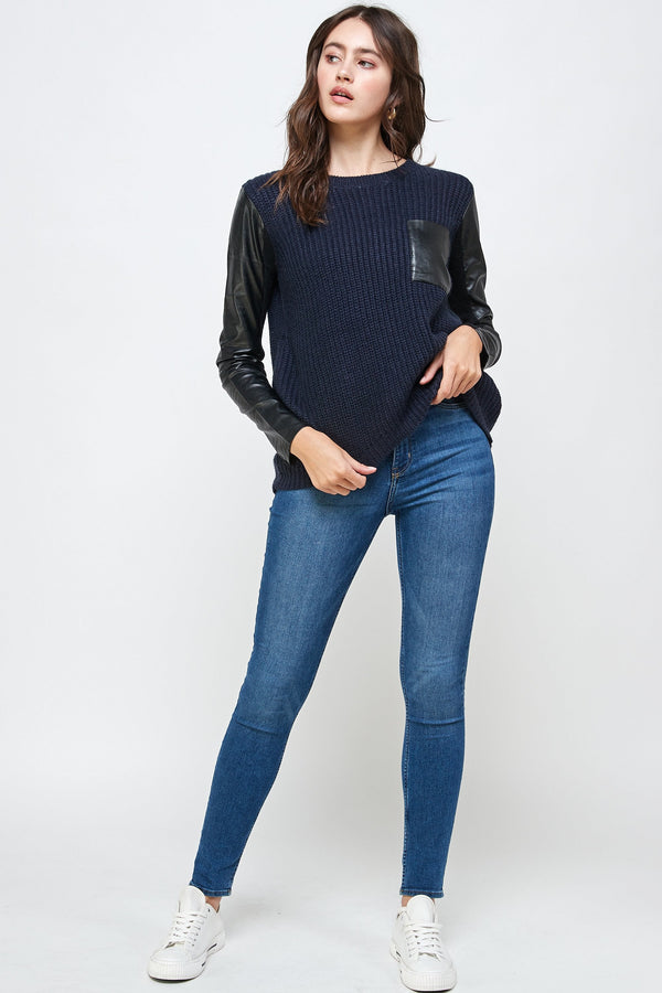 Chunky Knit Sweater with Faux Leather Sleeves and Front Pocket