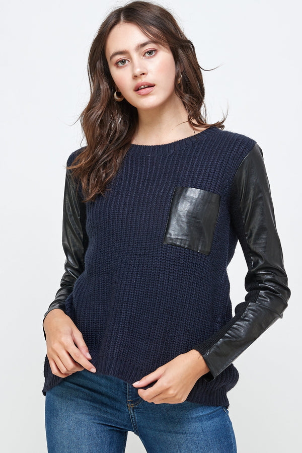 Chunky Knit Sweater with Faux Leather Sleeves and Front Pocket