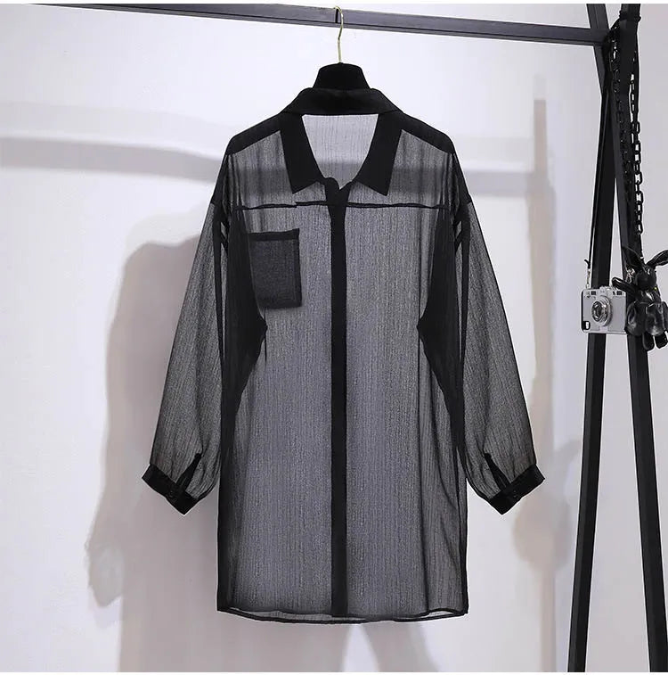 150Kg Plus Size Women's Bust 160 Summer Loose Casual Thin Long Sleeve Chiffon Shirt Long Top Black White 6XL 7XL 8XL 9XL 10XL