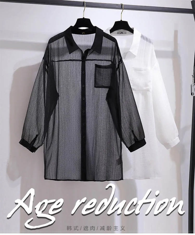 150Kg Plus Size Women's Bust 160 Summer Loose Casual Thin Long Sleeve Chiffon Shirt Long Top Black White 6XL 7XL 8XL 9XL 10XL