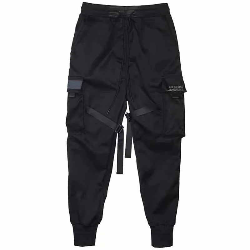 Hip Hop Boy Track Pants Elastic Waist Harem Pant Men Streetwear Punk Ribbons Design Trousers Male Black Pant Pockets Joggers