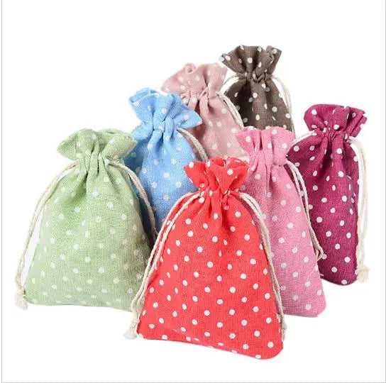 High quality 100 pcs (10x14cm)multicolor Double Drawstring Cotton Linen Small Party Gift Bags White Dots Jewelry Packaging bags