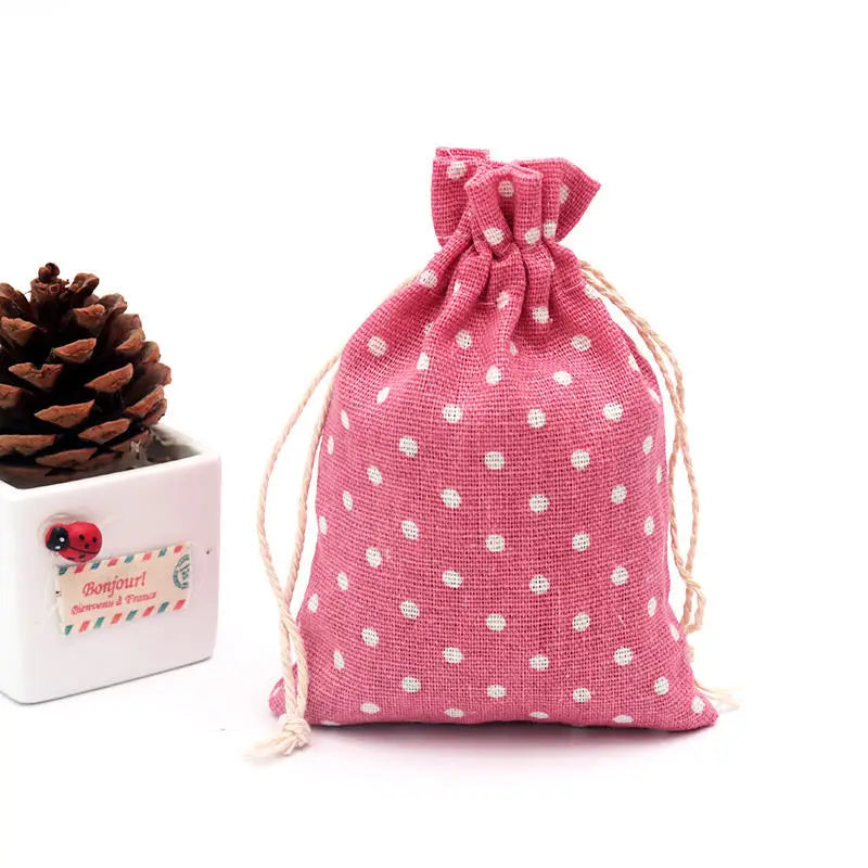 High quality 100 pcs (10x14cm)multicolor Double Drawstring Cotton Linen Small Party Gift Bags White Dots Jewelry Packaging bags