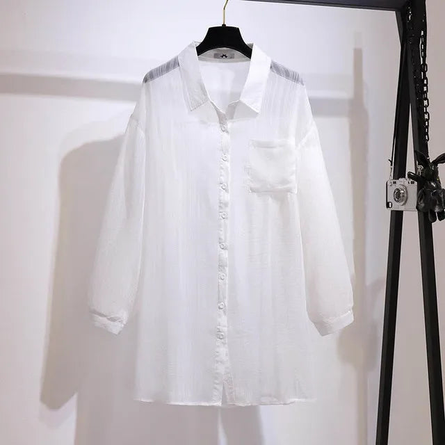 150Kg Plus Size Women's Bust 160 Summer Loose Casual Thin Long Sleeve Chiffon Shirt Long Top Black White 6XL 7XL 8XL 9XL 10XL