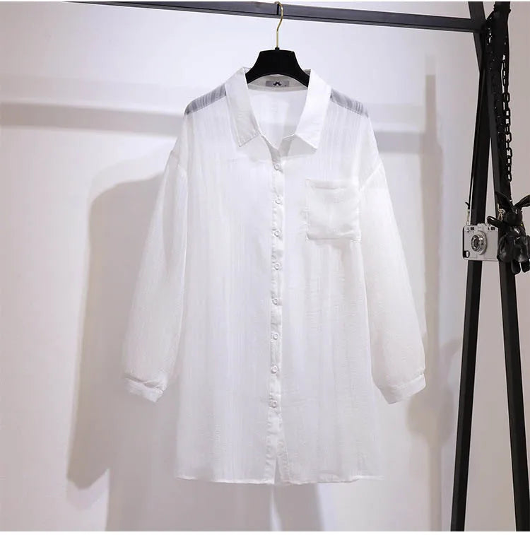 150Kg Plus Size Women's Bust 160 Summer Loose Casual Thin Long Sleeve Chiffon Shirt Long Top Black White 6XL 7XL 8XL 9XL 10XL