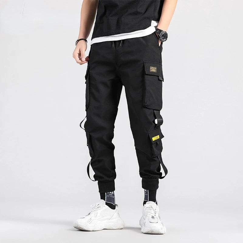 Hip Hop Boy Track Pants Elastic Waist Harem Pant Men Streetwear Punk Ribbons Design Trousers Male Black Pant Pockets Joggers