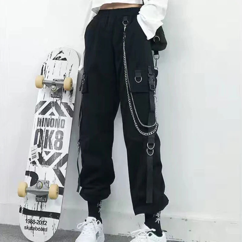 ZOKI Gothic Women Cargo Pants Black Joggers High Waisted Harajuku Harem Pants Punk Goth Techwear Chain Trousers Female Hip Hop