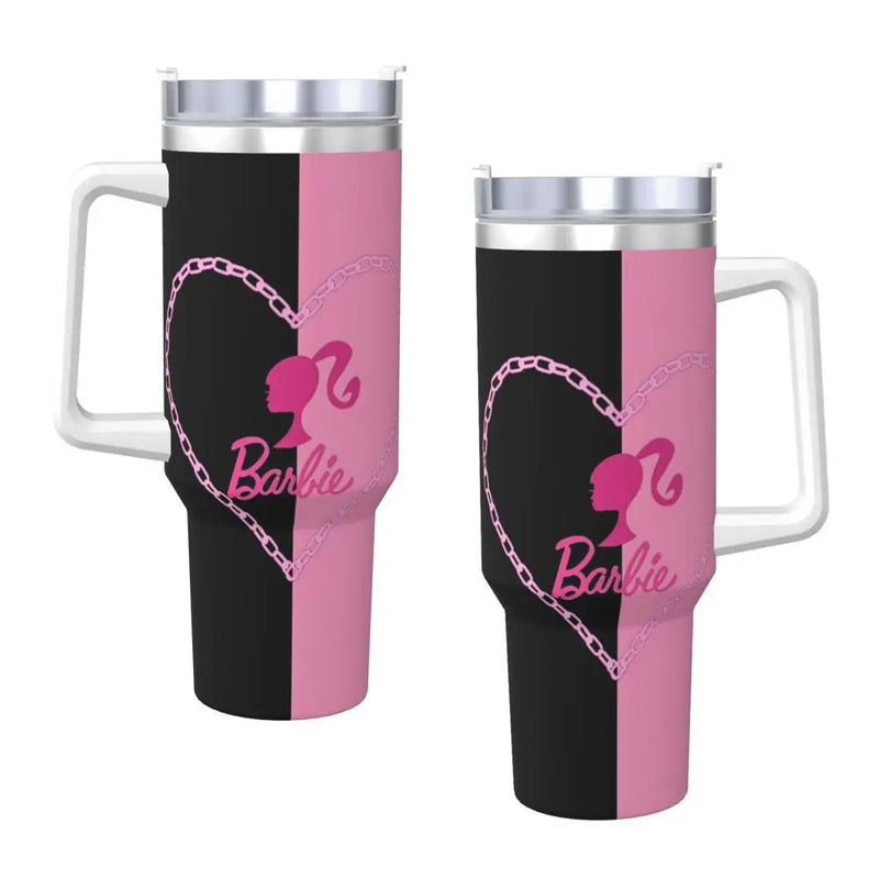 Stainless Steel Tumbler Miniso Kawaii Barbie Car Mugs With Straws Pink Logo Beach Cold Drink Water Bottle Large Coffee Mug