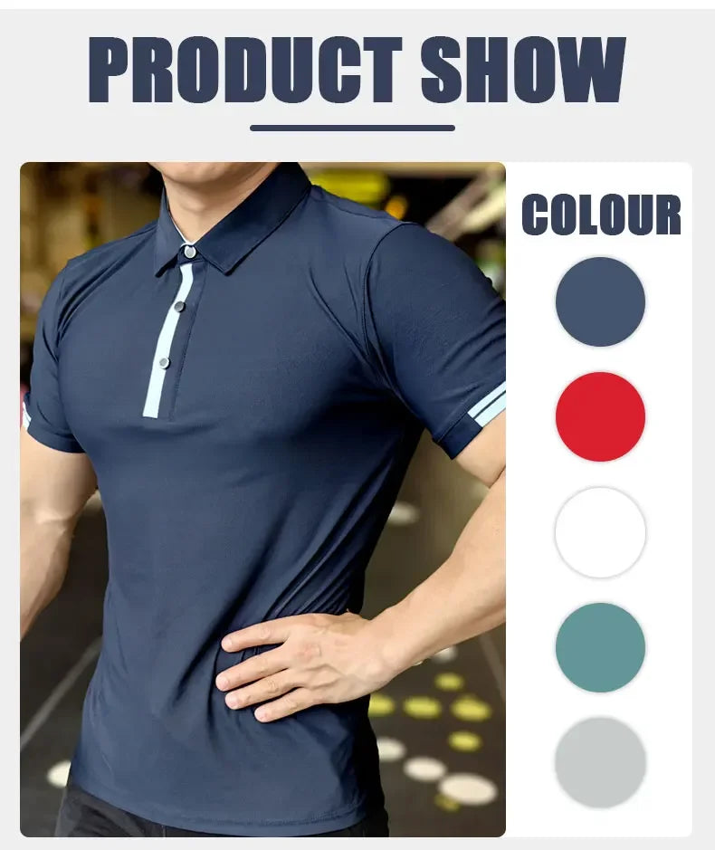 Men's Athleisure Ice Silk Top Tee Sweatshirts Fitness Training Tights Golf Short Lapel Activewear Sleeve Gym Muscle Fit Shirt