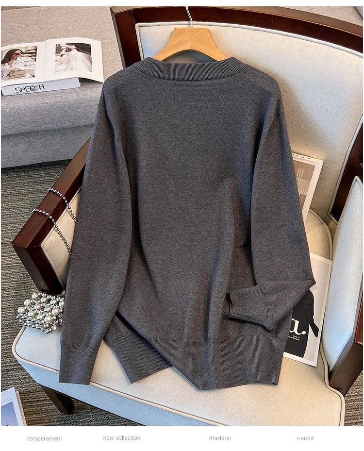 170Kg Plus Size Women's Bust 160 Spring Autumn Loose Cardigan Sweater Knitted Jacket Black Dark Gray 4XL 5XL 6XL 7XL 8XL 9XL