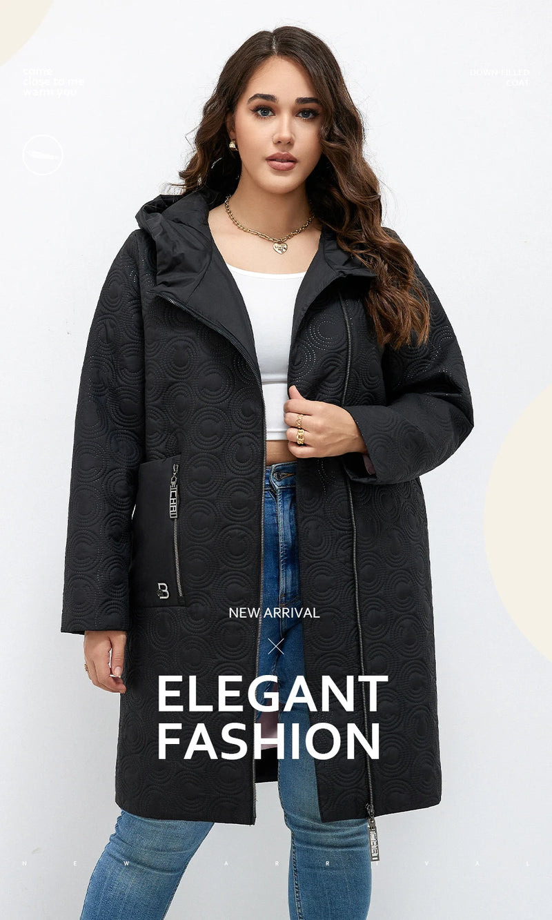 HaiLuoZi 2023 Autumn Women Jackets Plus Size Long Hooded Quilted Light weight Big pockets Bio-cotton Stylish Women's coat 5537