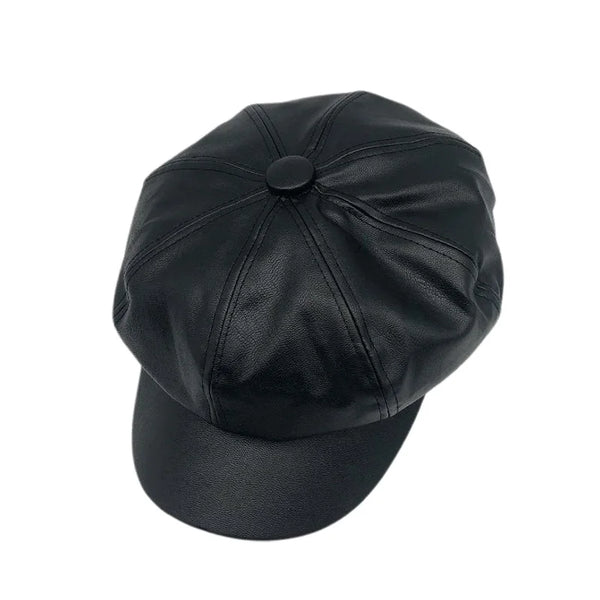 Women s Newsboy Beret Hat PU Leather Visor Cap Elegant British Style 8 Panel Octagonal Hat