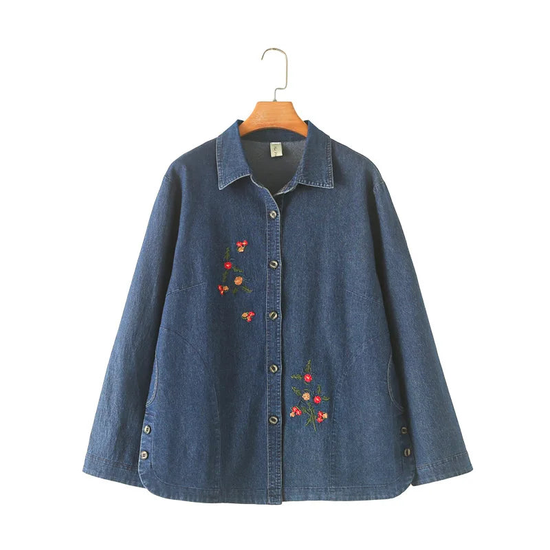 Women's Loose Denim Long Sleeve Shirt, Five-Petal Flower Embroidered Coat, Plus Size, Spring and Autumn, New, 8932