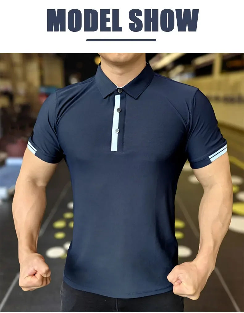 Men's Athleisure Ice Silk Top Tee Sweatshirts Fitness Training Tights Golf Short Lapel Activewear Sleeve Gym Muscle Fit Shirt