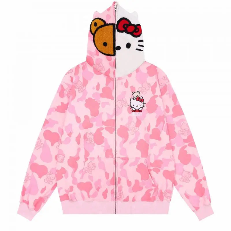 Hello Kitty Zip Hoodie Loose Cardigan Coat Streetwear Women Clothes Oversized Sweatshirt Cardigan Pure Cotton Camouflage Jacket