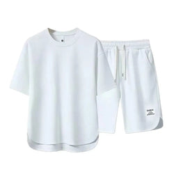 Men Activewear Set Men's Summer Casual Outfit Set O-neck Short Sleeve T-shirt Elastic Drawstring Waist Wide Leg Shorts for A