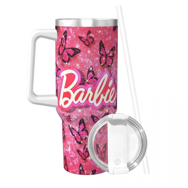 Stainless Steel Tumbler Miniso Kawaii Barbie Car Mugs With Straws Pink Logo Travel Hot Drinks Water Bottle 40oz Thermal Mug