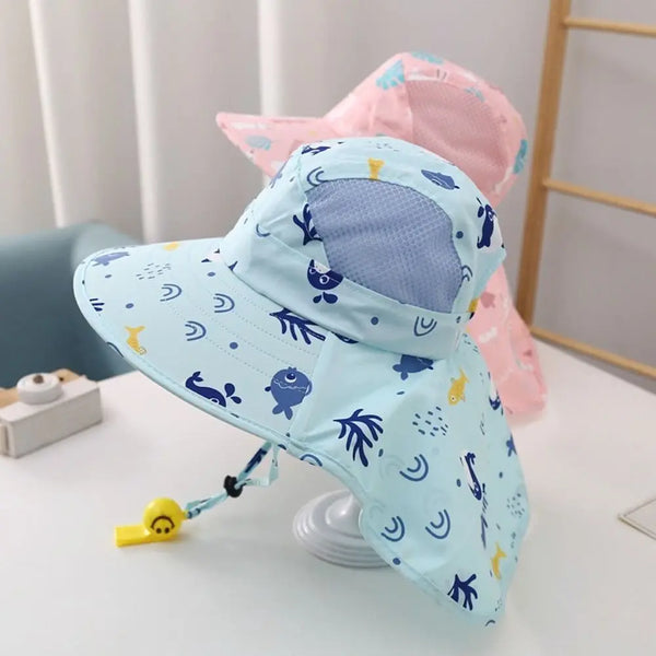 Bucket Cap Summer Baby Hat Neck Ear Cover With Whistle Children's Sunscreen Hat Wide Brim Breathable Kids Beach Caps