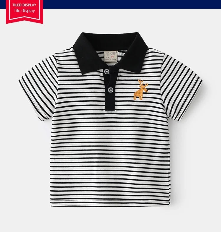 Summer Boys' Short Sleeve Striped T-Shirt Casual Breathable Cotton Polo Shirt for Kids Embroidered Cartoon , for Ages 3-8,