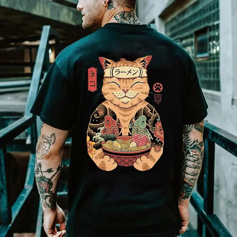 Fashionable and Lnteresting Samurai Cat Pictures For Men's T-Shirts Trend Digital Printing Casual Round Neck Short Sleeved