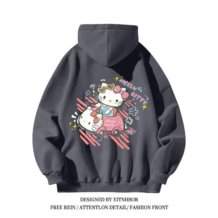 Hello Kitty Hooded Sweatshirt American Niche Fun Graffiti Cartoon Anime Women'S Autumn and Winter Loose Fit Slimming Jacket