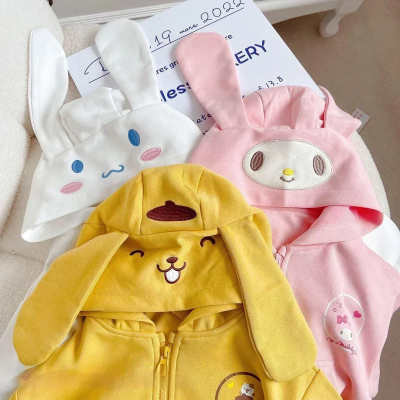 Sanrio Sweatshirt Hooded Kawaii My Melody Kuromi Cinnamoroll Zipper Long Sleeve Warm Coat Purin Plush Girls Hoodie Gift