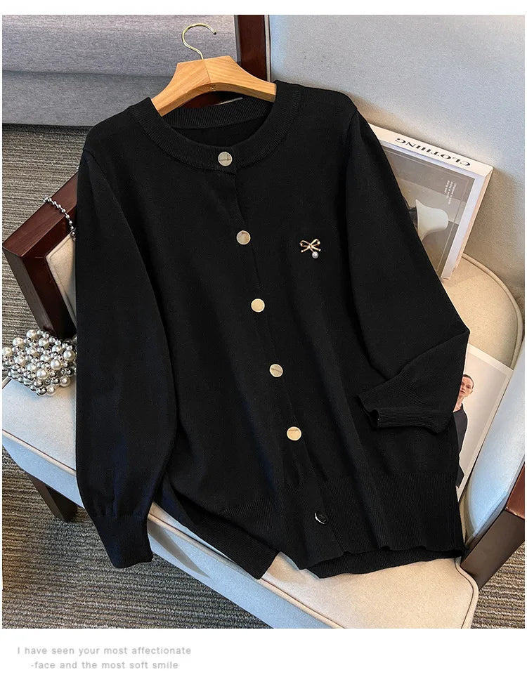 170Kg Plus Size Women's Bust 160 Spring Autumn Loose Cardigan Sweater Knitted Jacket Black Dark Gray 4XL 5XL 6XL 7XL 8XL 9XL