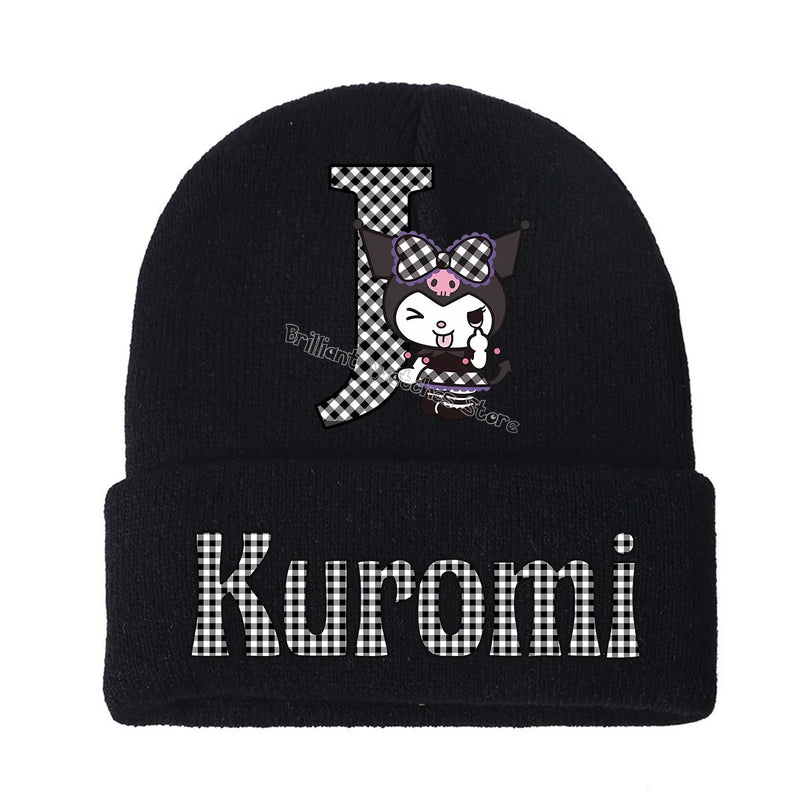 Kuromi Knitted Hat for Children A-Z Letters Cartoon Beanies Cap Winter Kids Street Hats Outdoor Warm Knitted Cap Black Hats Gift