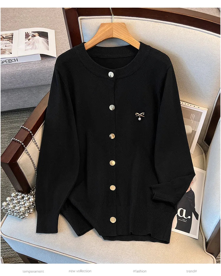 170Kg Plus Size Women's Bust 160 Spring Autumn Loose Cardigan Sweater Knitted Jacket Black Dark Gray 4XL 5XL 6XL 7XL 8XL 9XL