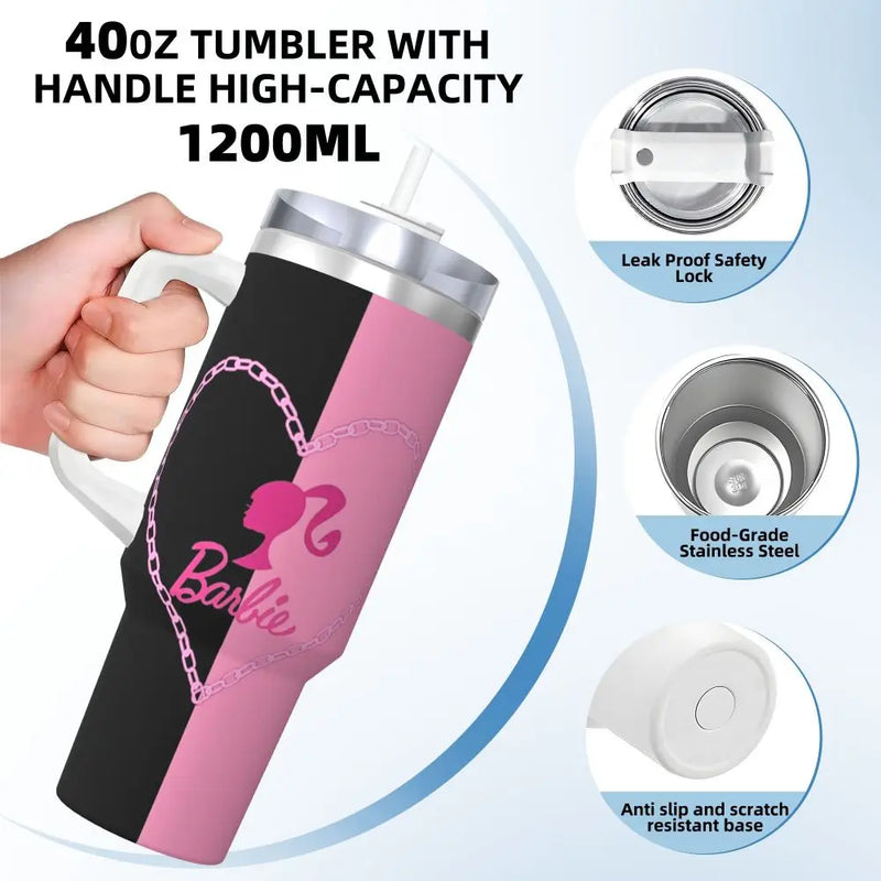 Stainless Steel Tumbler Miniso Kawaii Barbie Car Mugs With Straws Pink Logo Beach Cold Drink Water Bottle Large Coffee Mug