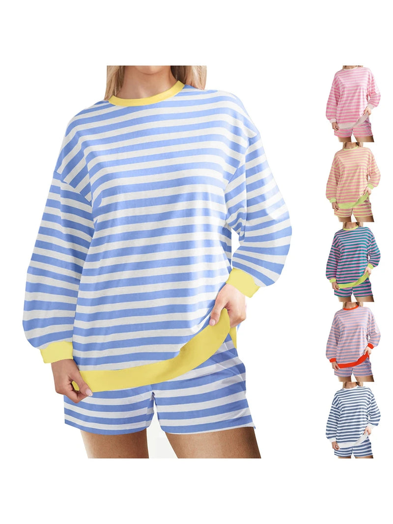 Women Casual Summer Shorts Outfit Stripe Print Round Neck Long Sleeve T-Shirt Pullover Tops with Elastic Waist Shorts Loungewear