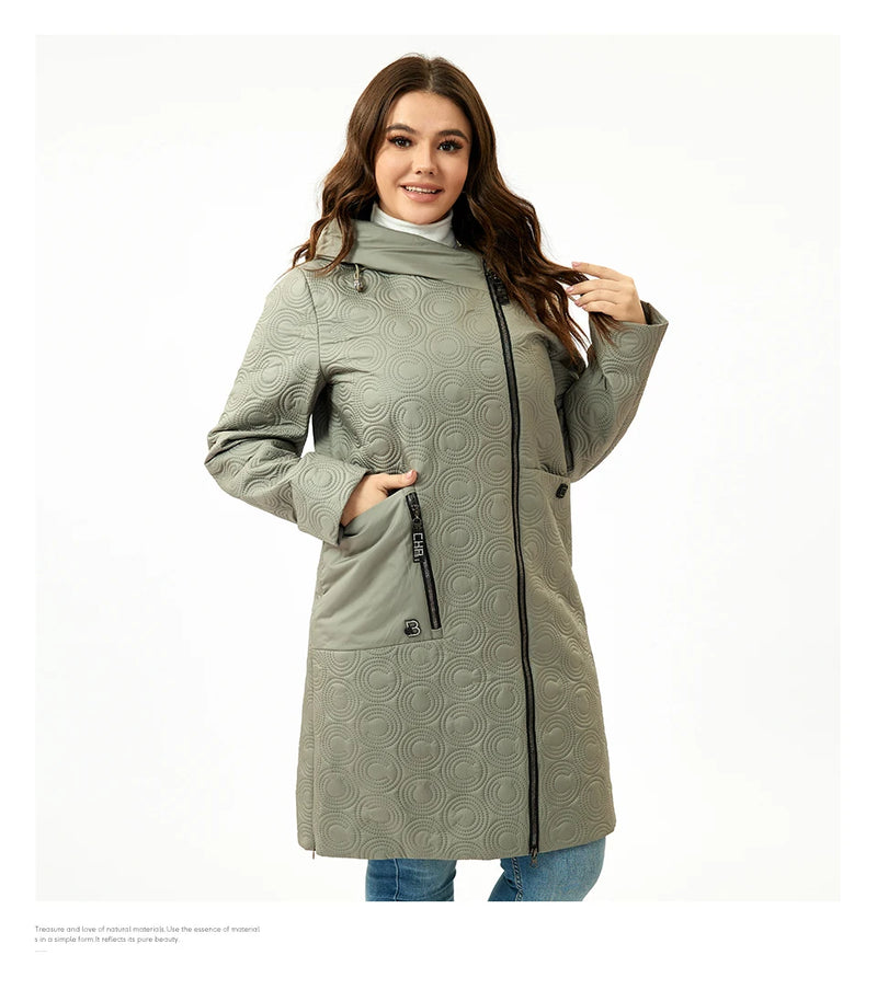 HaiLuoZi 2023 Autumn Women Jackets Plus Size Long Hooded Quilted Light weight Big pockets Bio-cotton Stylish Women's coat 5537