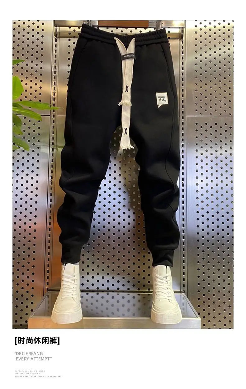 MEN's Korean Fashion Casual Elastic Waist Length Autumn Winter Fleece Joggers Sports Trousers  Streetwear Embroidery Harem Pants