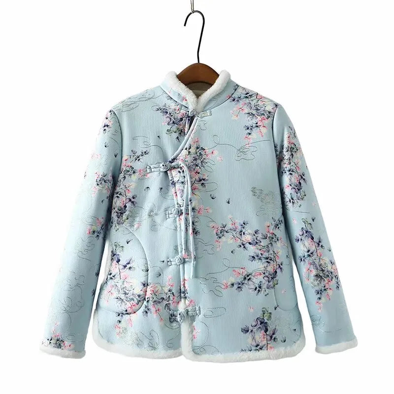 Plus Size Women's Clothing Winter Coat Warm Jacket With Chinese Style Flowers Design Thickened Coat With Cotton And Plush Inside