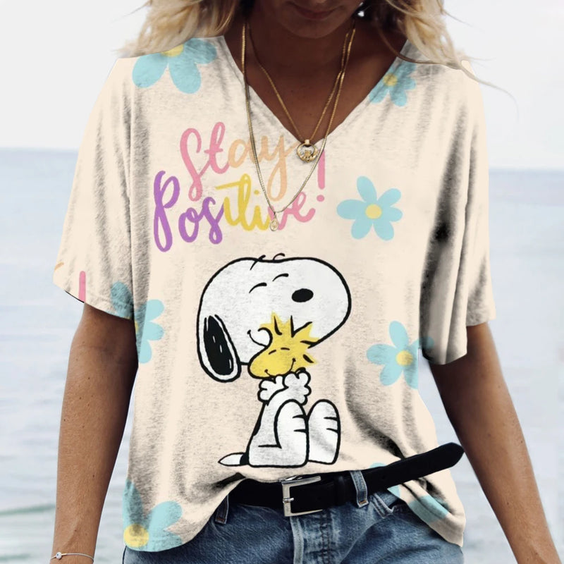 Summer Women T-Shirt S-3XL Fashion Short Sleeve V-Neck Top Snoopy print T-Shirt Casual Loose Female Street Style