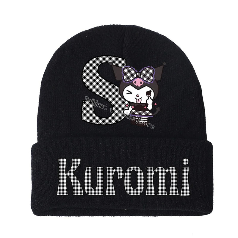 Kuromi Knitted Hat for Children A-Z Letters Cartoon Beanies Cap Winter Kids Street Hats Outdoor Warm Knitted Cap Black Hats Gift