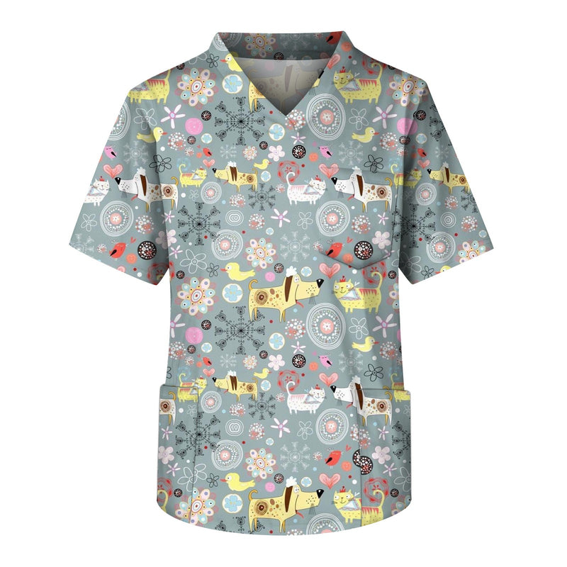 Men'S Printing Short Sleeve V-Neck Working Blouse Chest Pocket Hospital Doctor Workwear Poplin Fabric Veterinary Surgical Outfit