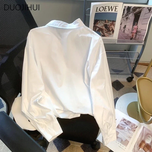 DUOJIHUI White Chic Embroidery Loose Long Sleeve Women Shirt Summer New Casual Single Breasted Fashion Solid Color Female Shirt