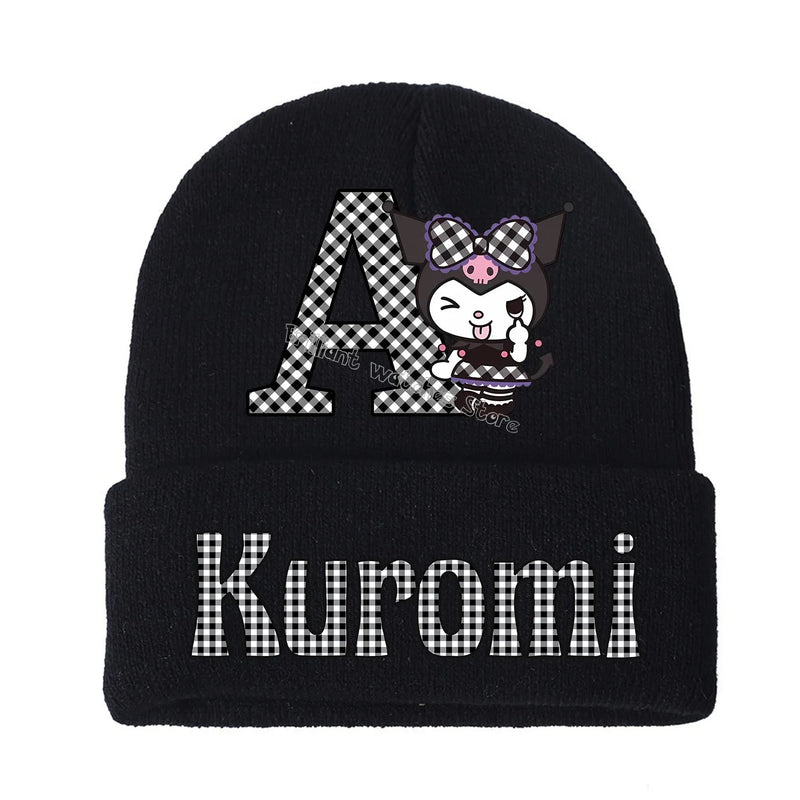 Kuromi Knitted Hat for Children A-Z Letters Cartoon Beanies Cap Winter Kids Street Hats Outdoor Warm Knitted Cap Black Hats Gift