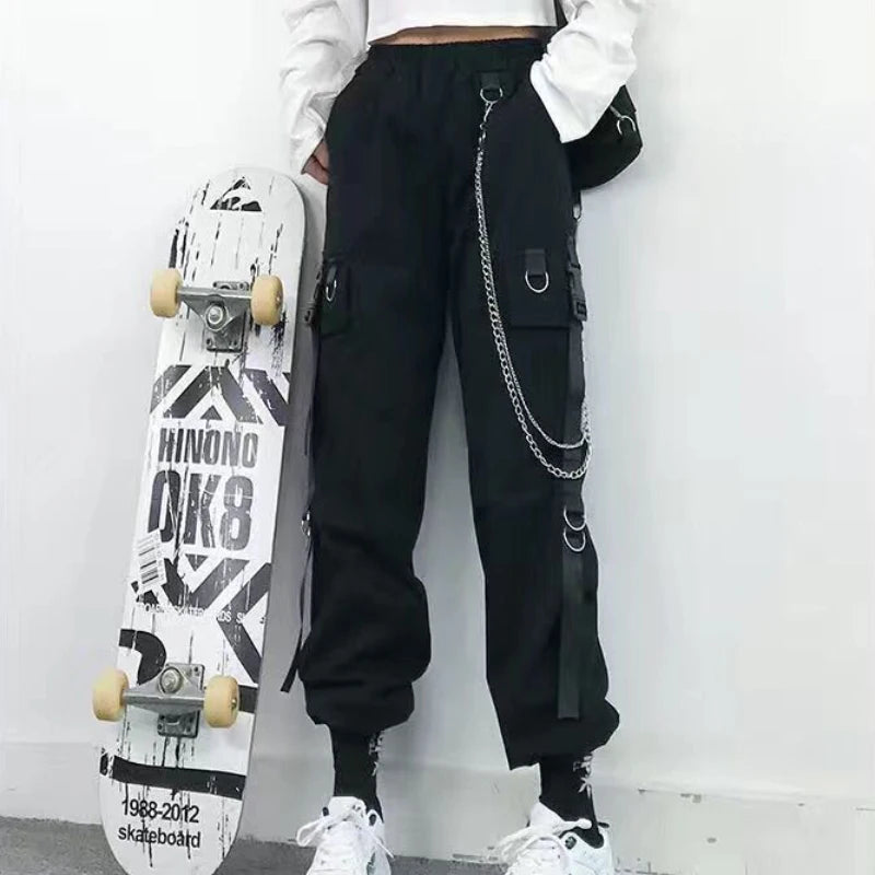 ZOKI Gothic Women Cargo Pants Black Joggers High Waisted Harajuku Harem Pants Punk Goth Techwear Chain Trousers Female Hip Hop