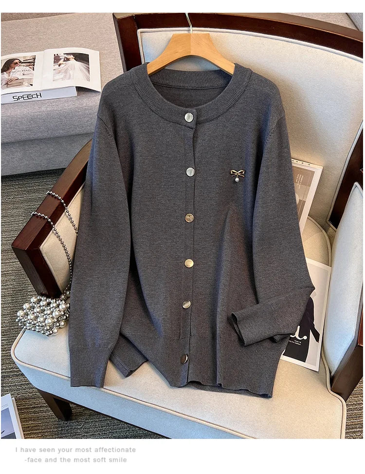 170Kg Plus Size Women's Bust 160 Spring Autumn Loose Cardigan Sweater Knitted Jacket Black Dark Gray 4XL 5XL 6XL 7XL 8XL 9XL