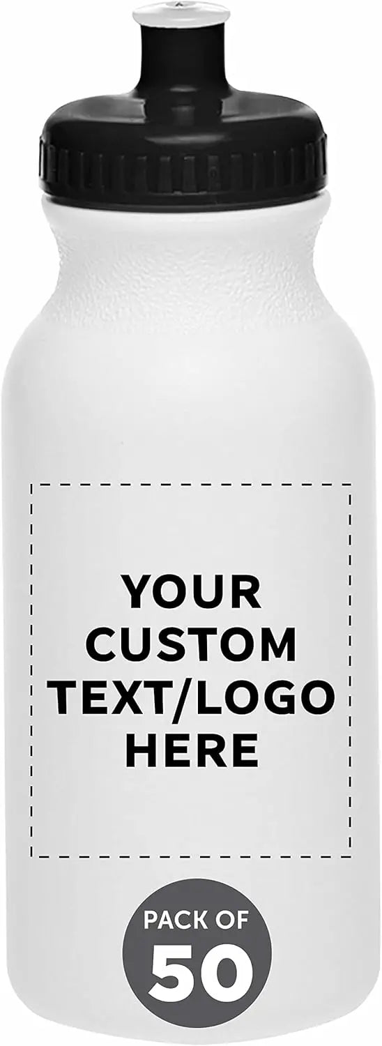 PROMOS Custom White Water Bottles with Push Cap -50 pack, Customizable Text, Logo, 20 oz, Reusable BPA FREE Squeezable Bottles i