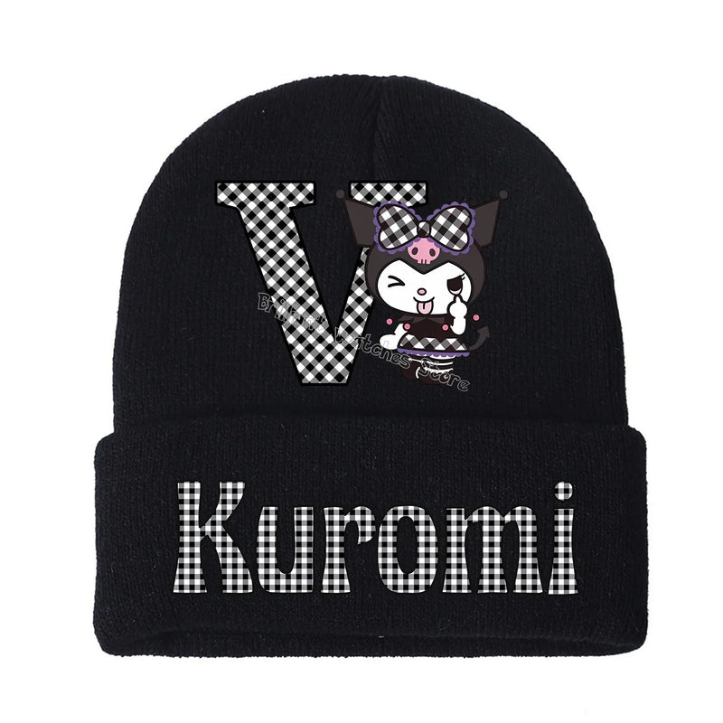 Kuromi Knitted Hat for Children A-Z Letters Cartoon Beanies Cap Winter Kids Street Hats Outdoor Warm Knitted Cap Black Hats Gift