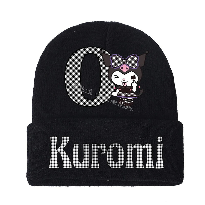 Kuromi Knitted Hat for Children A-Z Letters Cartoon Beanies Cap Winter Kids Street Hats Outdoor Warm Knitted Cap Black Hats Gift