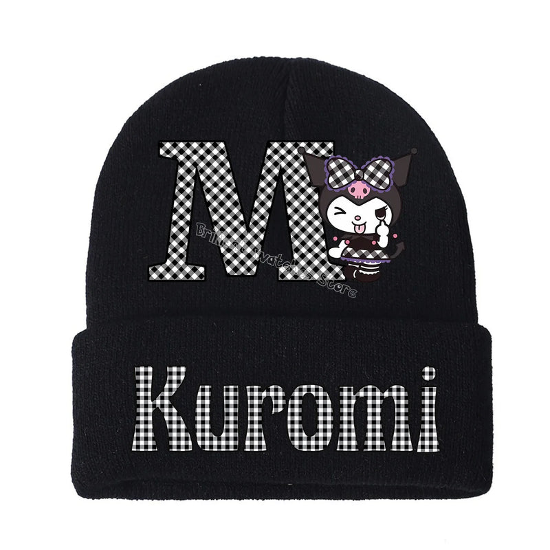 Kuromi Knitted Hat for Children A-Z Letters Cartoon Beanies Cap Winter Kids Street Hats Outdoor Warm Knitted Cap Black Hats Gift