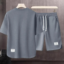 Men Activewear Set Men's Summer Casual Outfit Set O-neck Short Sleeve T-shirt Elastic Drawstring Waist Wide Leg Shorts for A