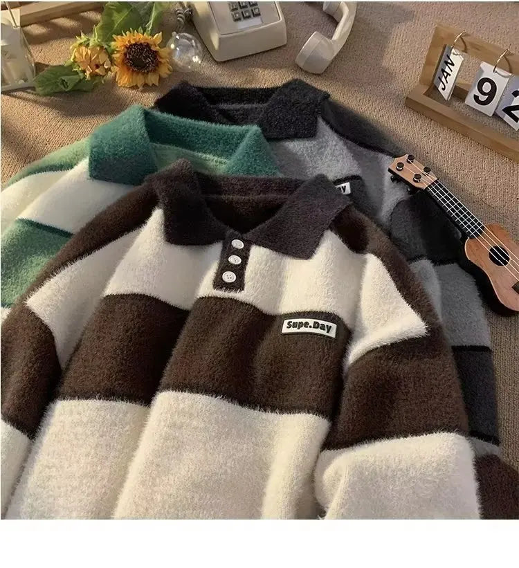 Men's Full New Y2K Knit Knitwear Striped Sweater Polo Shirts Jumper Streetwear Korean Winter Clothes Pullovers For Men Apparel