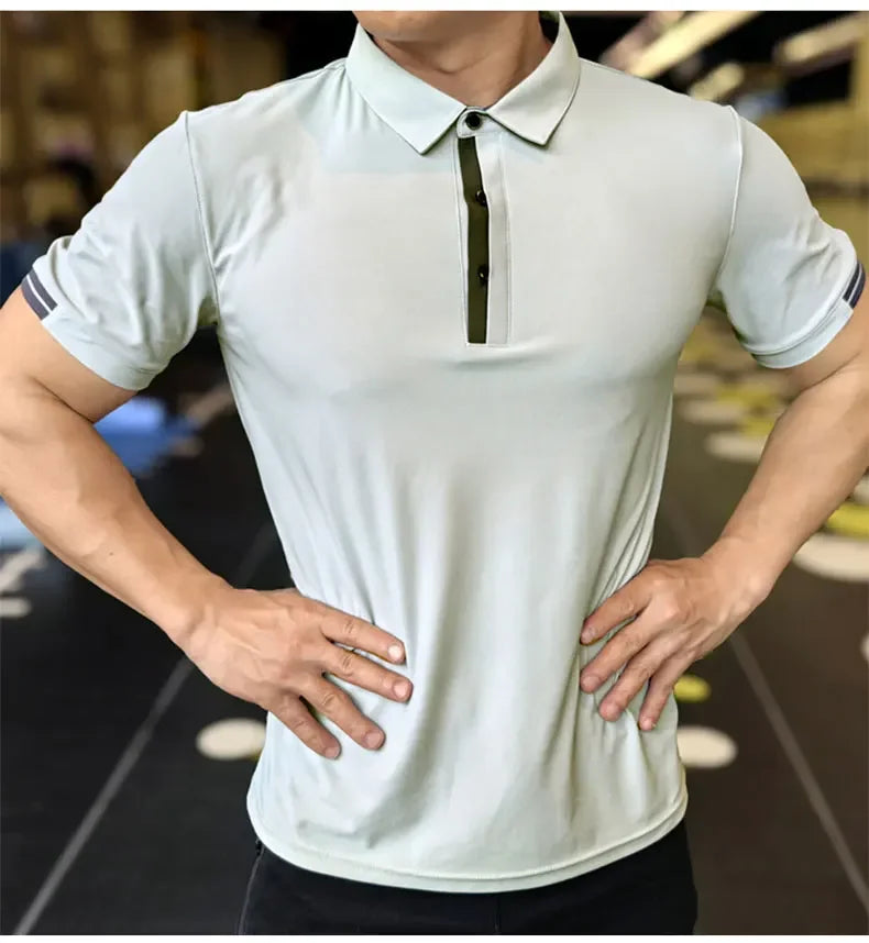 Men's Athleisure Ice Silk Top Tee Sweatshirts Fitness Training Tights Golf Short Lapel Activewear Sleeve Gym Muscle Fit Shirt