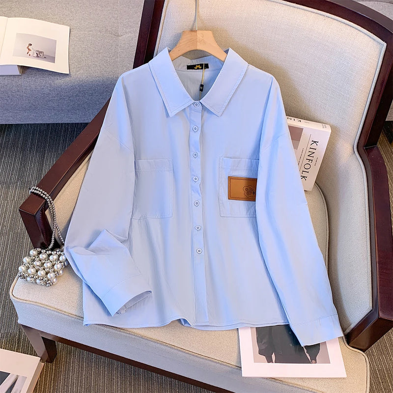 Spring and autumn new plus size women's commuter professional shirt polo collar blue simple loose blouse suit bottoming shirt