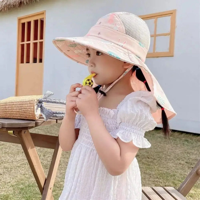 Bucket Cap Summer Baby Hat Neck Ear Cover With Whistle Children's Sunscreen Hat Wide Brim Breathable Kids Beach Caps